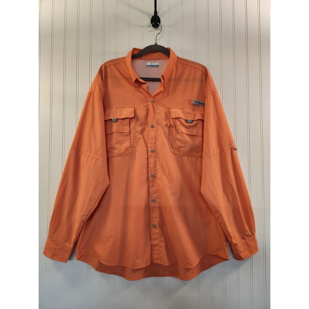 Columbia PFG Bahama II Long Sleeve Fishing Shirt Mens Large Orange Nylon Vent